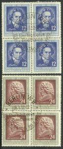 GERMANY DDR 1952 BEETHOVEN Set in Blocks of 4 w FDOI Postmarks Sc96-97 USED NH
