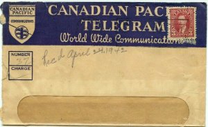 Nice Telegrpah Telegram CPR PERFIN Mufti Issue 1942 Canada cover 