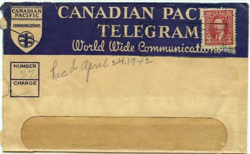 Nice Telegrpah Telegram CPR PERFIN Mufti Issue 1942 Canada cover