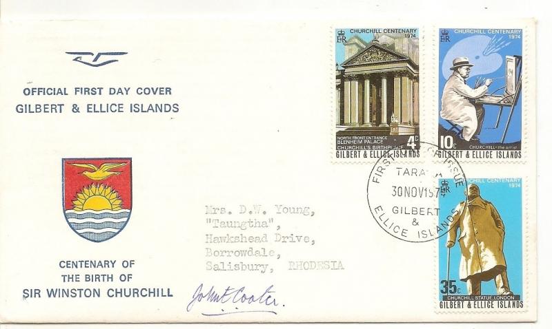 Gilbert & Ellice Islands 1974 Churchill Cent FDC Signed J.E. Cooter (Designer)