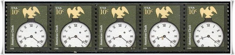 SC#3762 10¢ American Clock Plate Strip of Five: #S1111 (2006) MNH