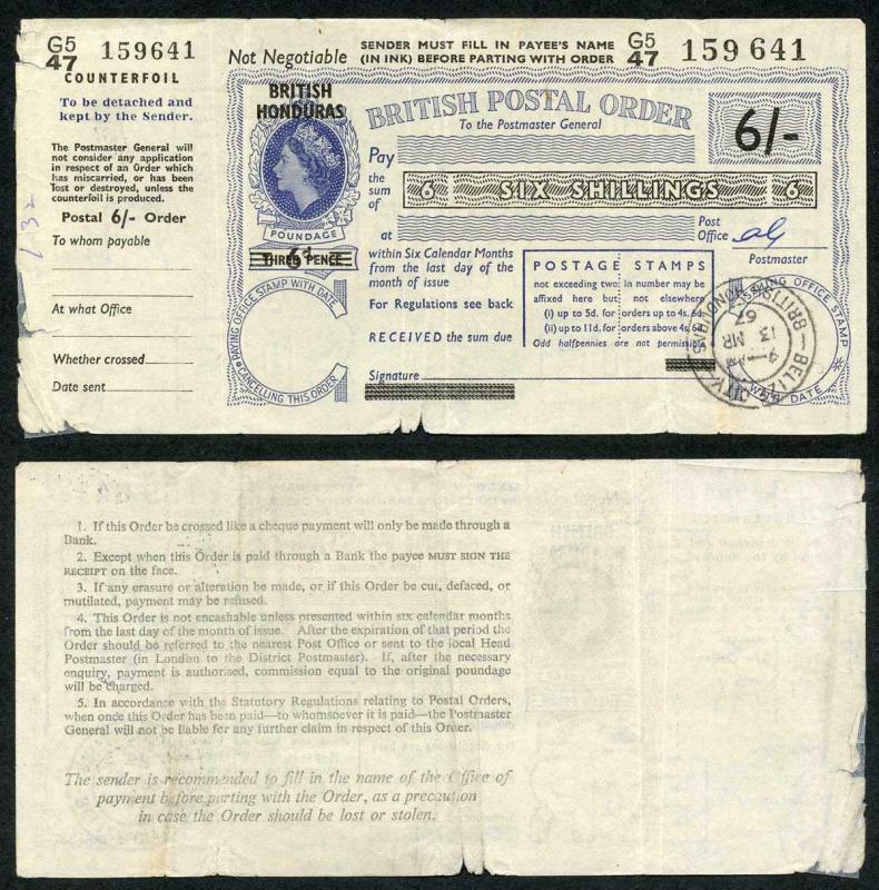 British Honduras 6/- Postal Order