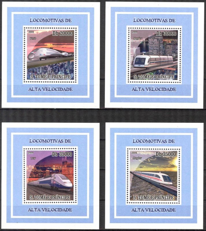 {364} Sao Tome and Principe 2009 Speed Trains Locomotives 4 S/S Deluxe MNH**