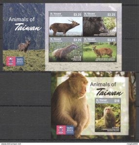 P0922 2015 St. Vincent Wild Animals Of Taiwan #7453-56 Michel 21 Euro Bl+Kb Mnh