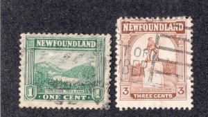 Newfoundland 1923 1c & 3c Cove & Memorial, Scott 131, 133 used, value = 60c