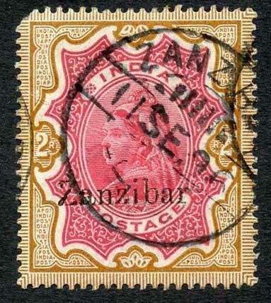 Zanzibar SG19 2r carmine and yellow-brown (corner perf missing) Cat 120 pounds