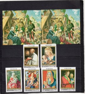 UMM AL QIWAIN 1972 PAINTINGS BY DURER SET OF 6 STAMPS IMPERF. & 2 S/S MNH