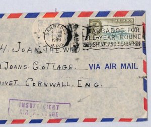 BARBADOS Underpaid Air Mail *INSUFFICIENT AIR POSTAGE* GB Lanivet 1958 ZV132