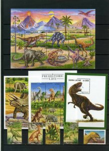 SIERRA LEONE 1998 DINOSAURS SET OF 5 STAMPS, 2 SHEETS OF 6 STAMPS & 2 S/S MNH