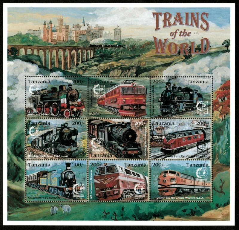 Tanzania 1995 - Trains - Locomotives - Sheet of 9 Stamps - Scott #1339 - MNH