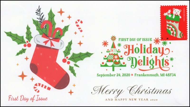 20-231, SC 5528, 2020, Holiday Delights, FDC, Digital Color Postmark, Stocking,