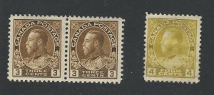 3x Admiral Canada stamps #108-3c Pair MH VF #110-4c MH Thin Guide Value= $130.00