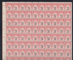 US Sc J88 MNH. 1959 ½c Postage due, full sheet of 100, fresh, bright, VF.