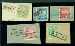 HUNGARY BOXED TOWN CANCELS, 5 different, all on small piece, VF