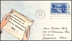 Scott 1012 - 3 Cents Civil Engineering Herman Maul Hand Painted FDC