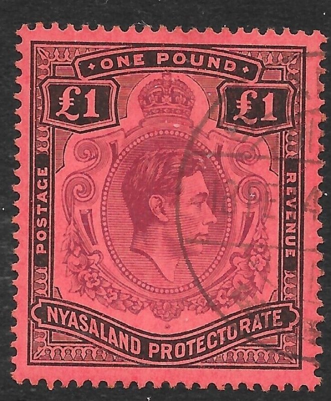 NYASALAND SG143 1938 £1 PURPLE & BLACK ON RED USED