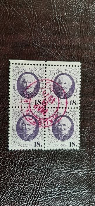 US Scott # 1399; used 18c Dr. E Blackwell from 1974; block of 4; VF centering