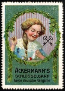 Vintage Germany Poster Stamp Ackermann's Key Yarn Best German Sewing Thr...