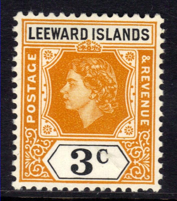 Leeward Islands 1954 QE2 3ct Yellow Orange & Black MM SG 129 ( L233 )