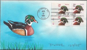 Dunne Hand Painted combo FDC for the 29-cent 1991 Black and Red Wood Duck stamps