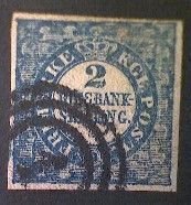 Denmark (Danmark), Scott 1, used (o), 1852, Rigsbankskilling 2sk, blue