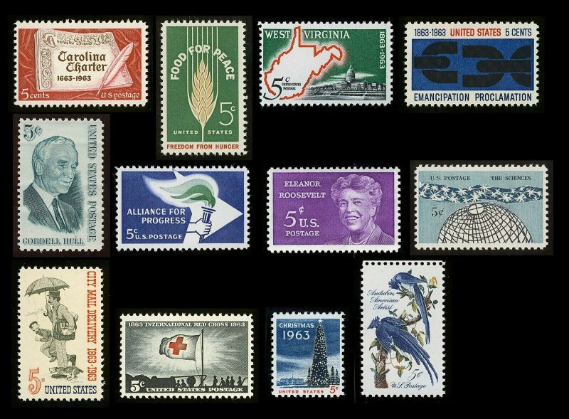 #1230-1241: 1963 Commemorative Set, 12 Stamps, Mint NH **ANY 4=FREE SHIPPING**