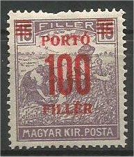 HUNGARY, 1921, MH 100f on 15f  Red Surcharge Scott J76