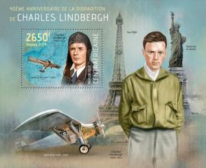 CENTRAFRICAINE 2014 SHEET CHARLES LINDBERGH AVIATORS PLANES AIRPLANES AVIATION