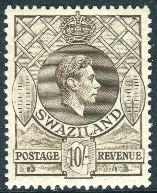 SWAZILAND-1938-54 10/- Sepia Perf 13½x13.  A lightly mounted mint example Sg 38