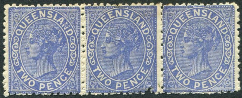 QUEENSLAND-1882-91 2d Blue Strip of 3.  A lightly mounted mint strip of 3 Sg 168