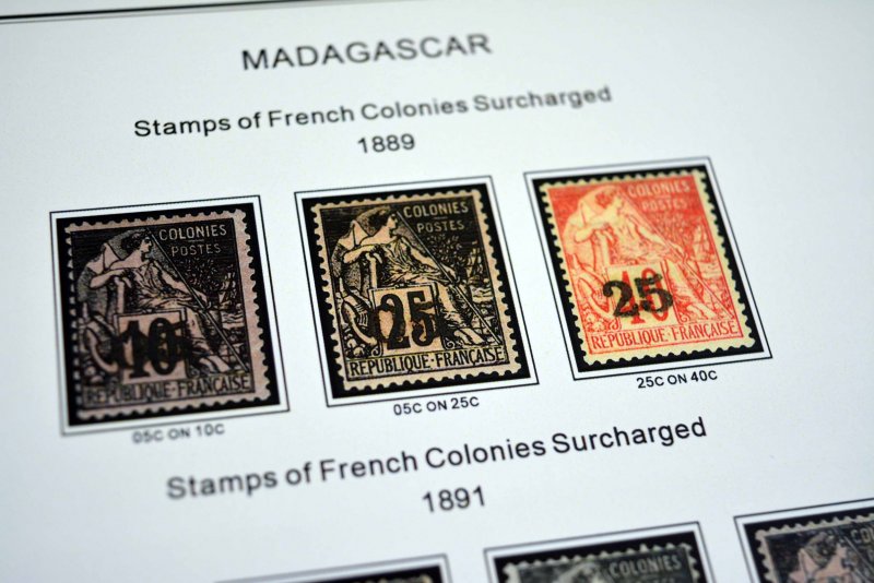 COLOR PRINTED FRENCH MADAGASCAR 1889-1957  STAMP ALBUM PAGES (46 illustr. pages)