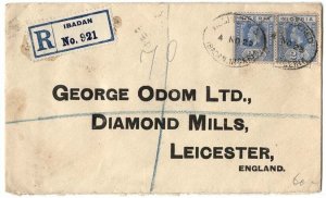 Nigeria 1925 Neat reg cover to UK franked pair 2½d, IBADAN ovals & reg label