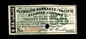 1899 PLYMOUTH KANKAKEE & PACIFIC RAILROAD CO.$35 IN GOLD MORTGAGE BOND COUPON