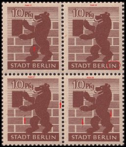 GERMANY / Allied Occ BERLIN Brandenburg 1945 10Pf Plate B Errors. F17/28 Block**