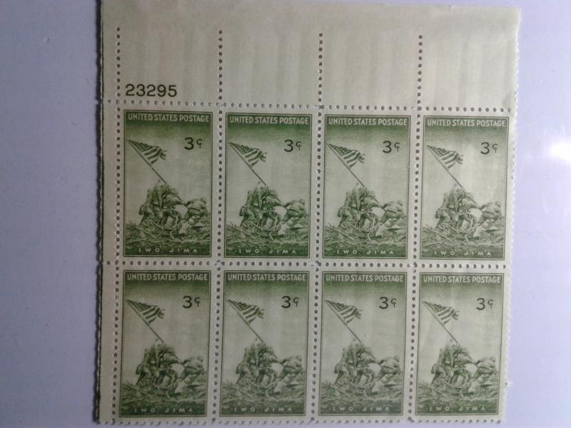 SCOTT # 929 MARINES- FLAG RAISING PLATE BLOCK OF 8 GEMS POST OFFICE FRESH