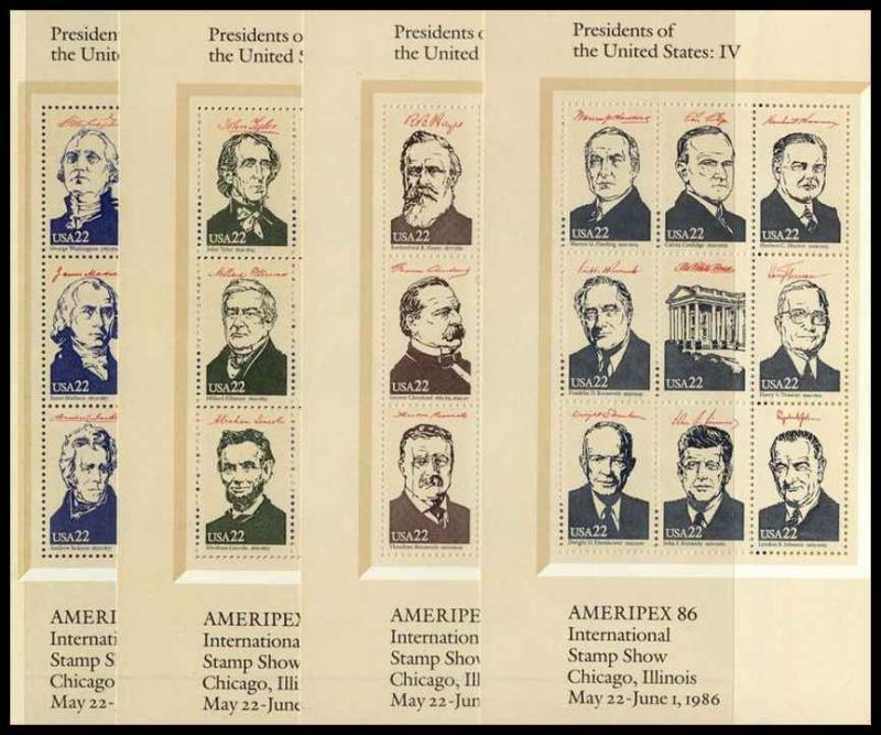Ameripex 1986 US Presidents, 4 Mini Sheets of 9 ea Sc #2216-19 CV:$30  (slot)