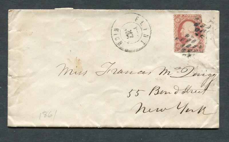 Postal History - Flint MI 1861 Double Ring Circular Grid CDS #26 Cover B0214