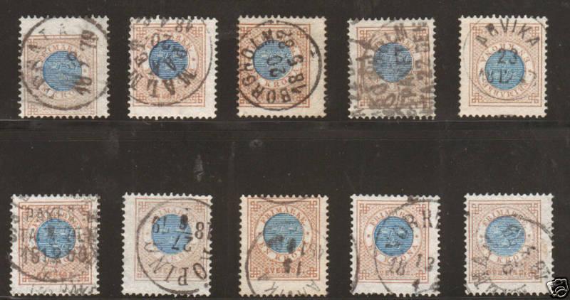 Sweden Sc 38 used 1878 1kr Coat of Arms 10 diff X-s 4;9