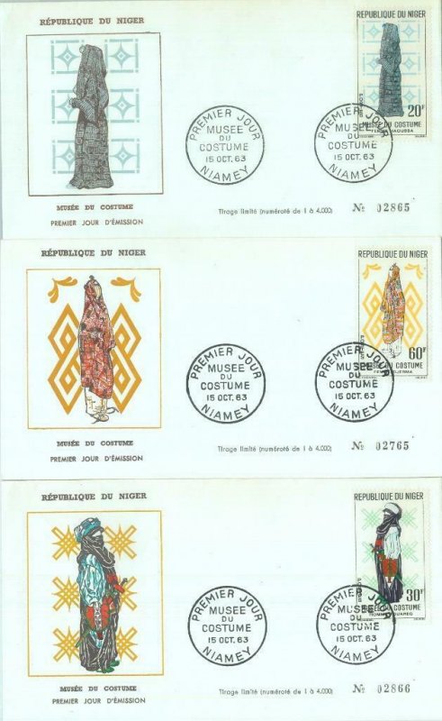 86326 - NIGER - POSTAL HISTORY - Set of 3  FDC COVERS 1963 - Ethnic types