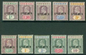 SG 57-66 Grenada 1902. ½d to 10/- set of 10, overprinted specimen. Fine fresh...