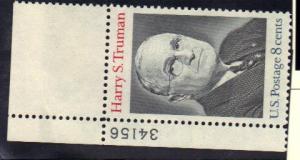 #1499 MNH plate # single 8c Harry Truman 1973 Issue