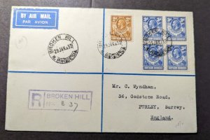 1932 Registered Letter Northern Rhodesia Airmail Cover Broken Hill to England