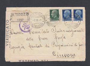 ITALY 1941 WWII REGISTERED CENSORED COVER CAVA TIGOZZI TO GENEVA SWITZERLAND