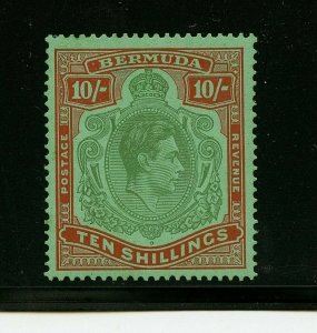 Bermuda #126-b (BE755) King George VI 10 shilling red & green on green,CV$225.00