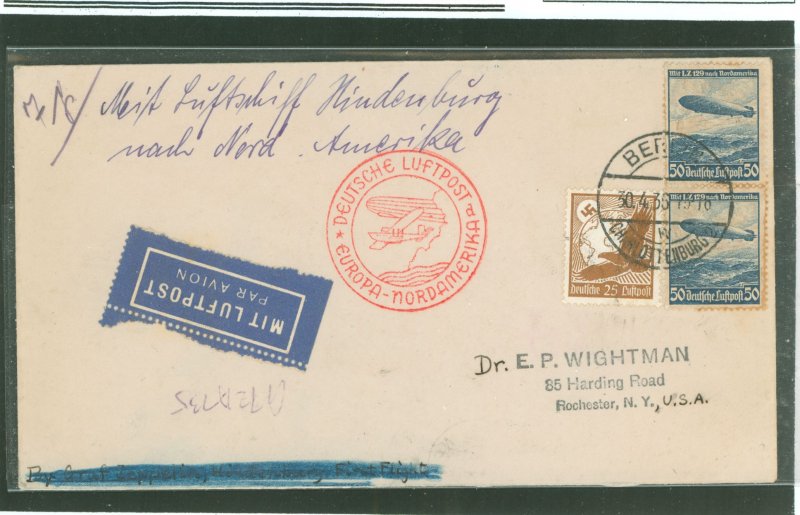 Germany C50/C57 Cover carried on the airship Hindenburg's first flight to North America in May of 1936 from Frankfurt to...