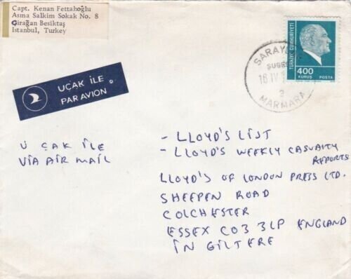 Turkey 1980 Marmaris to Colchester UK Cover Marmaris cancel written VGC