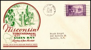 11165 OAS-CNY FDC SCOTT 739 – 1934 3c Wisconsin 300TH 1ST GRBPS MACDONALD $20