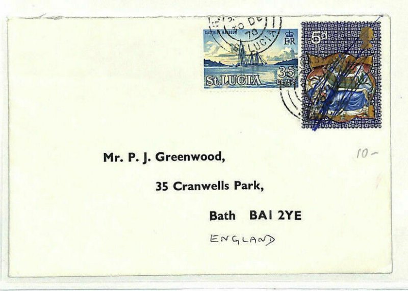 ST.LUCIA & GB MIXED FRANKING Transatlantic Cover 1970 Bath {samwells-covers}AB45