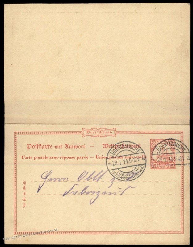 Germany 1914 SW Africa LUEDERITZBUCHT DSWA GS Postal Card Cover G78467