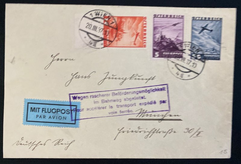 1937 Vienna Austria Special Flight Airmail Cover To Germany